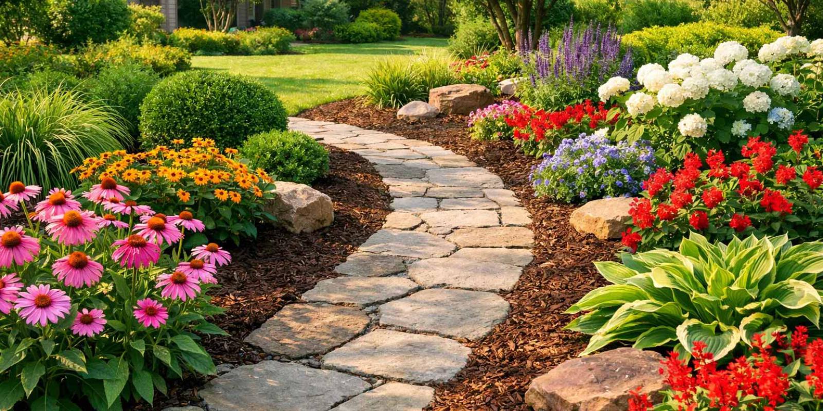 Garden path with stone and flowers